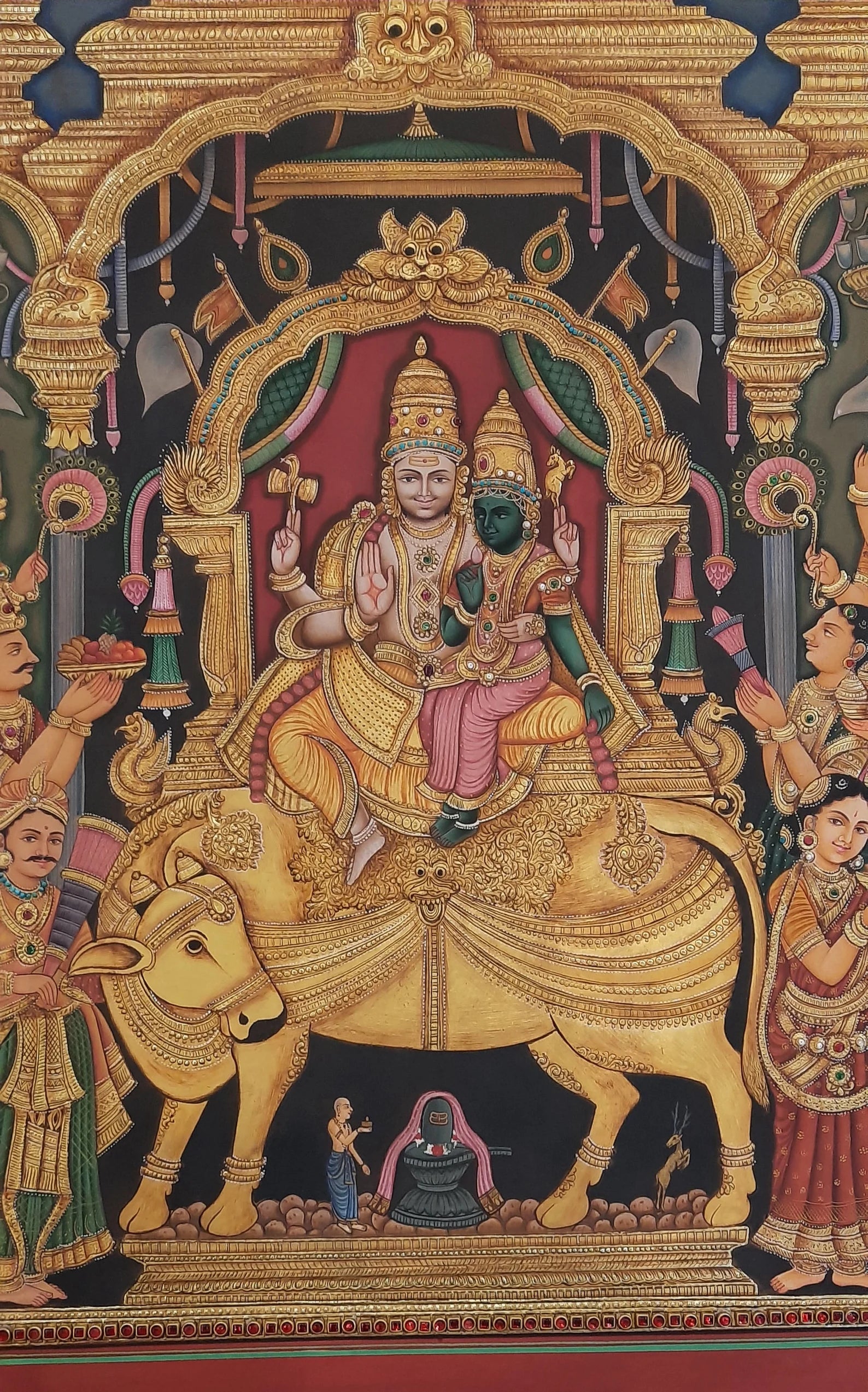 Detailed view of Shiv Darbar Tanjore painting highlighting 24K gold foil work