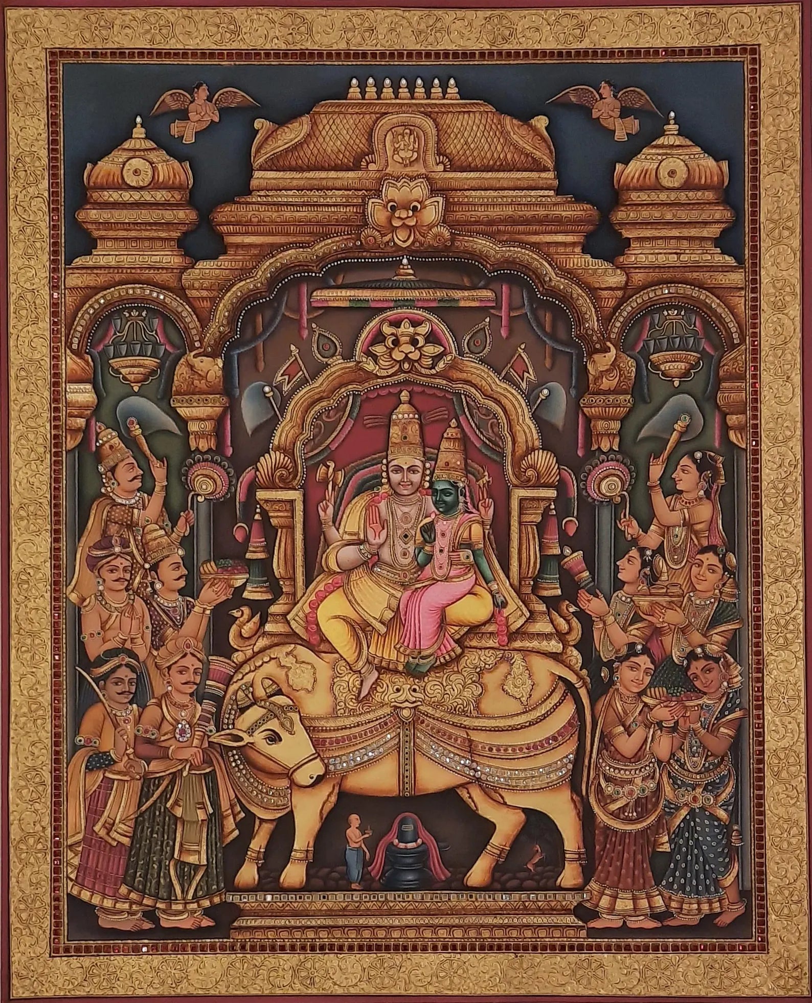 Hand-painted Shiv Darbar Tanjore painting with authentic 24K gold foil detailing