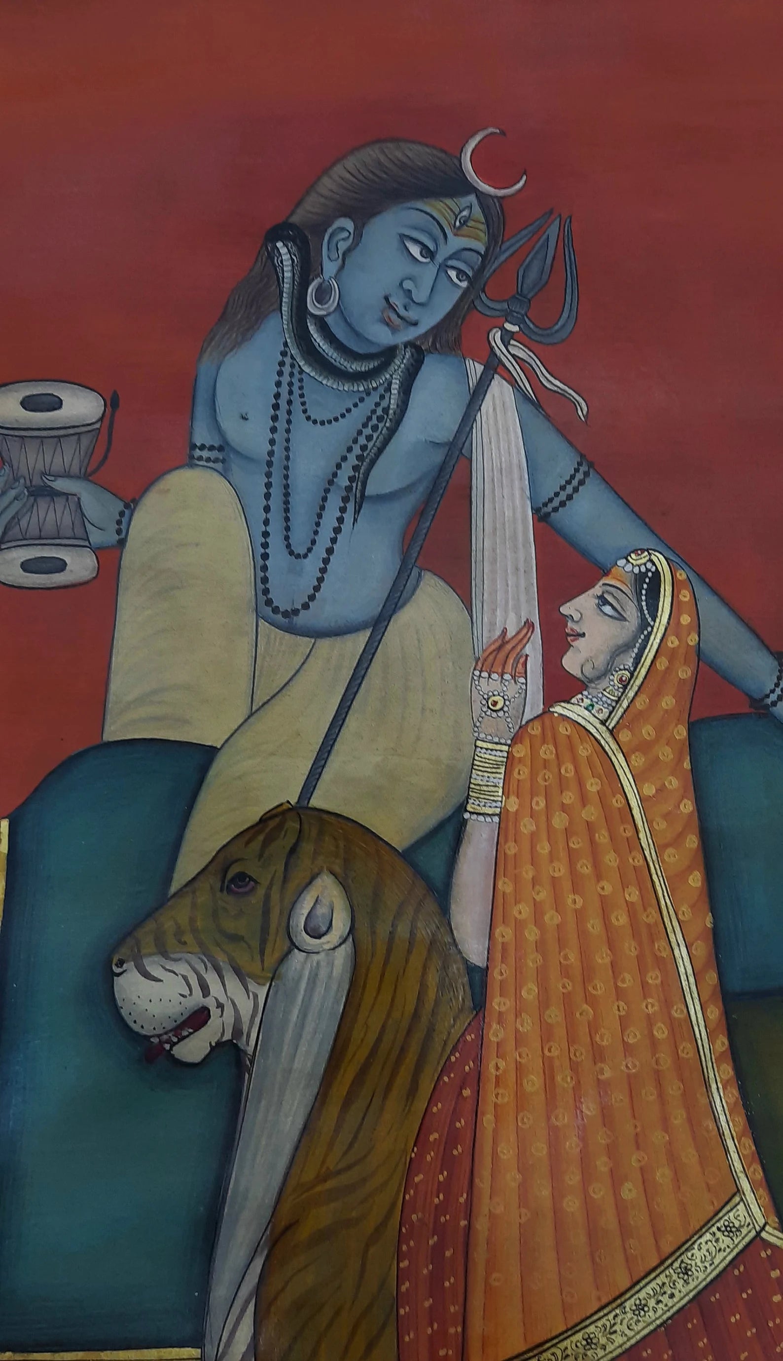 Detailed Pichwai painting showing Shiva and Parvati with intricate textile and ornament work