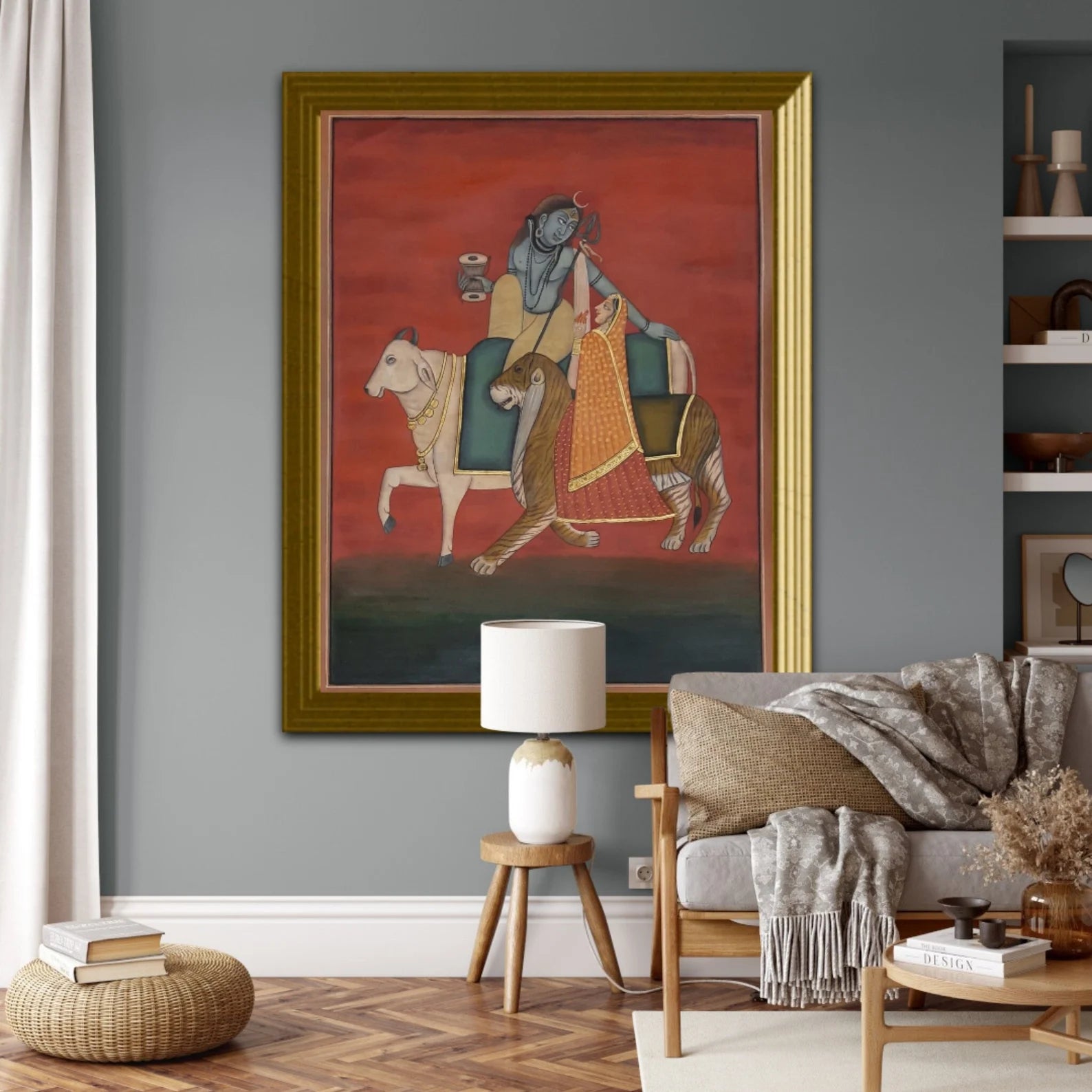 Hand-painted Pichwai artwork of Shiva and Parvati displayed as sacred Indian wall art