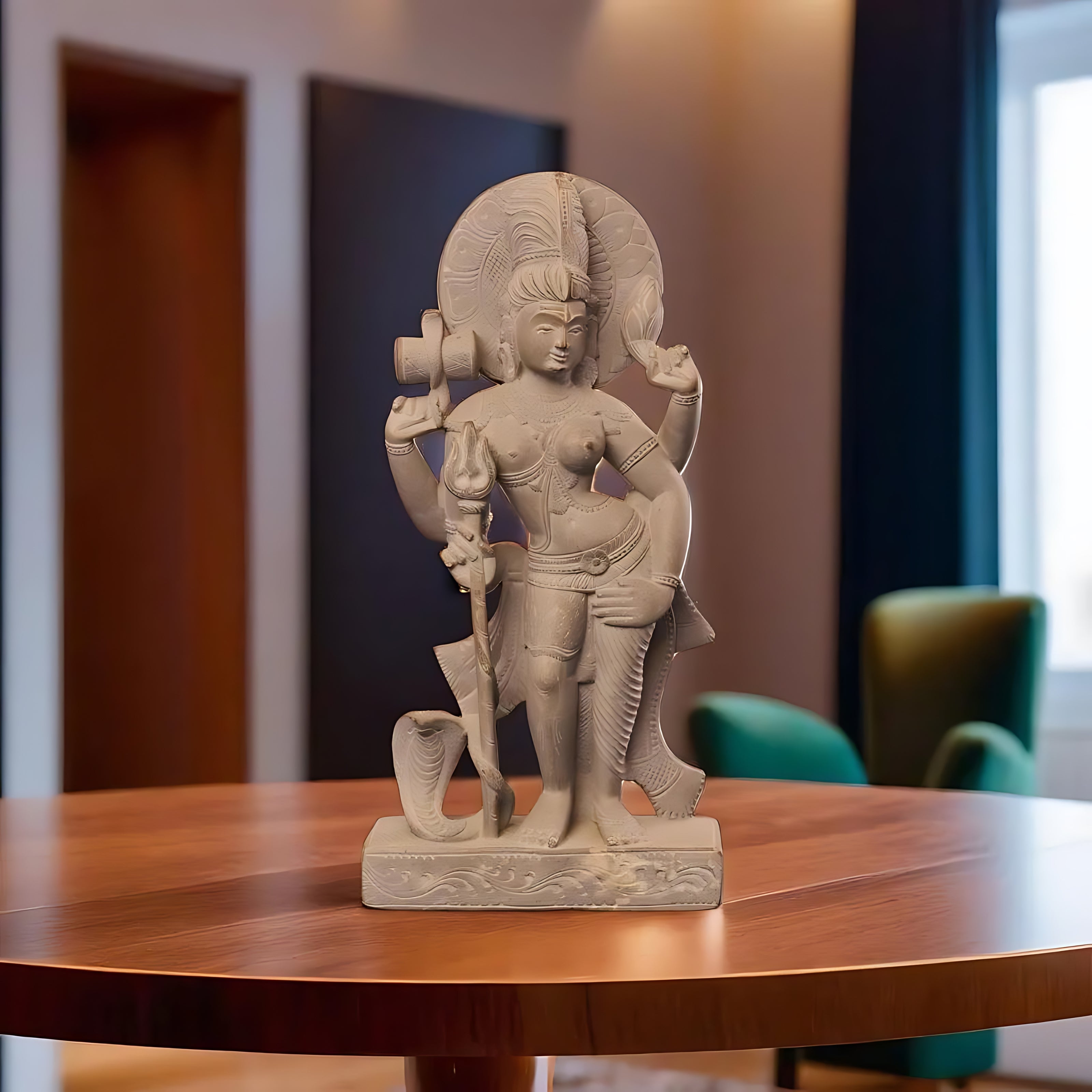 Stone Ardhanarishvara sculpture displayed in modern home décor setting, handcrafted Shiva-Parvati union deity figurine.