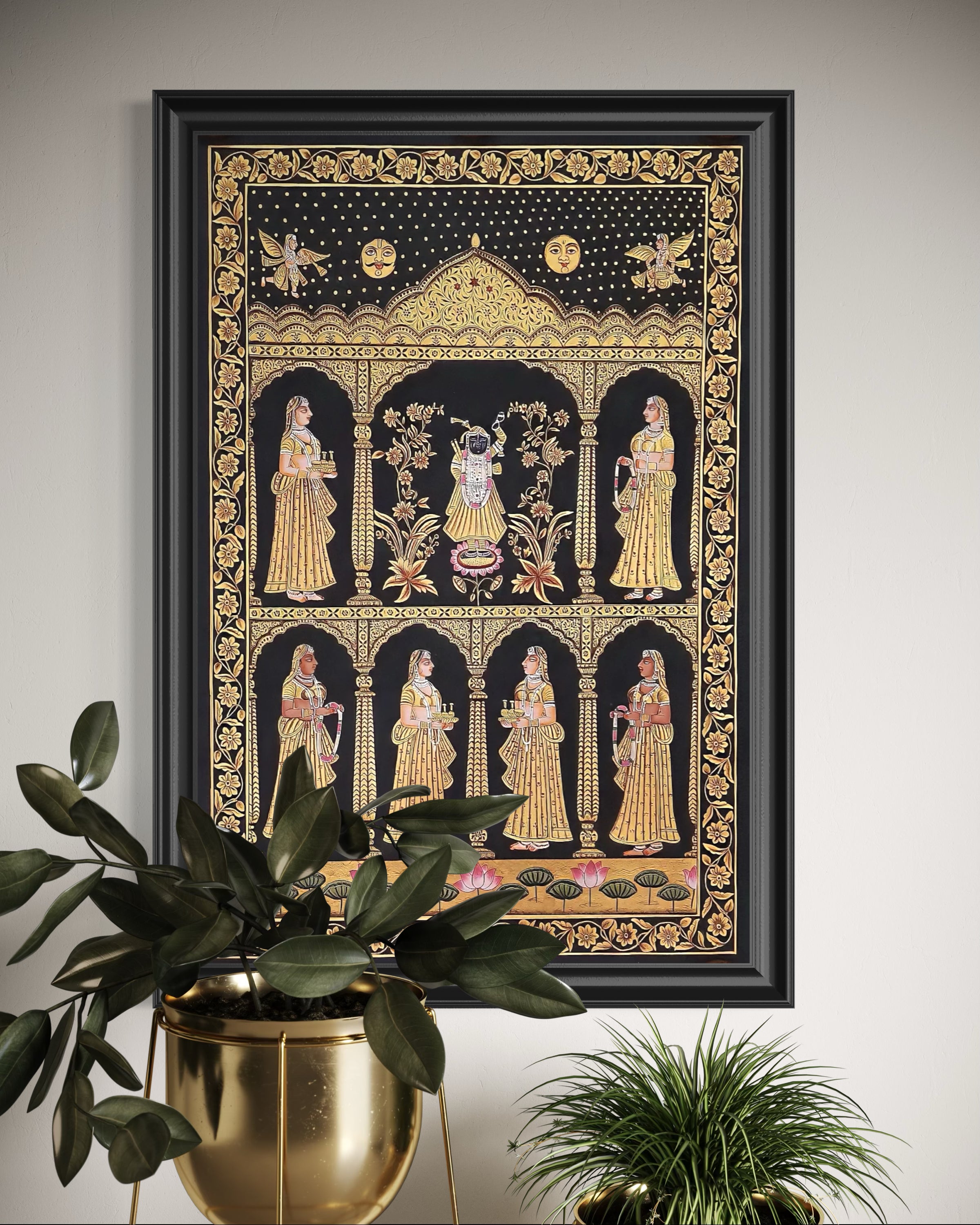 Framed Shrinathji Pichwai wall art in gold tones, Hindu spiritual décor for modern living room or meditation space