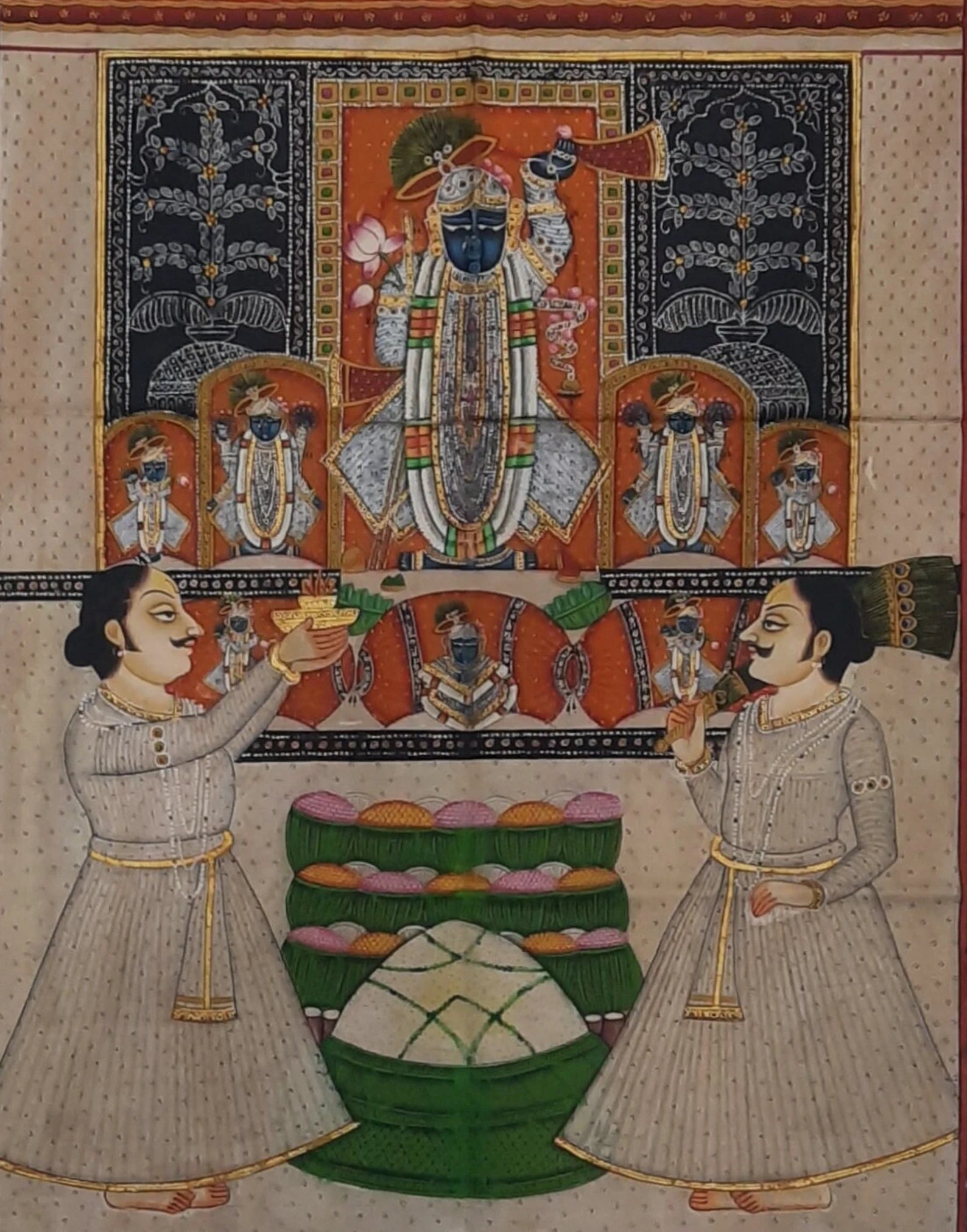 Traditional Indian Pichwai painting illustrating Lord Shrinathji with ritual elements