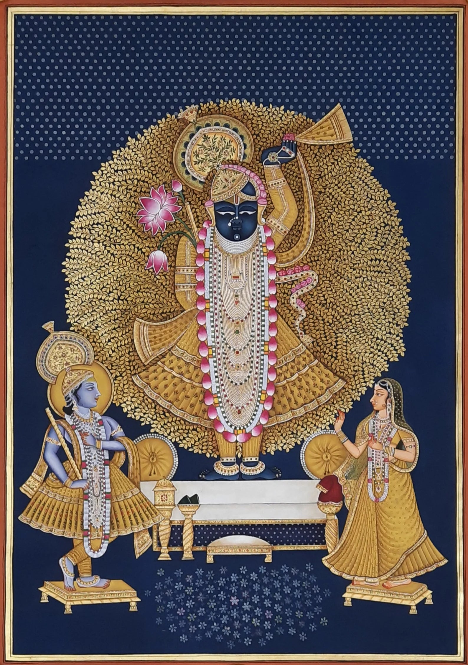 Shrinathji Pichwai painting with watercolor detailing and gold foil accents