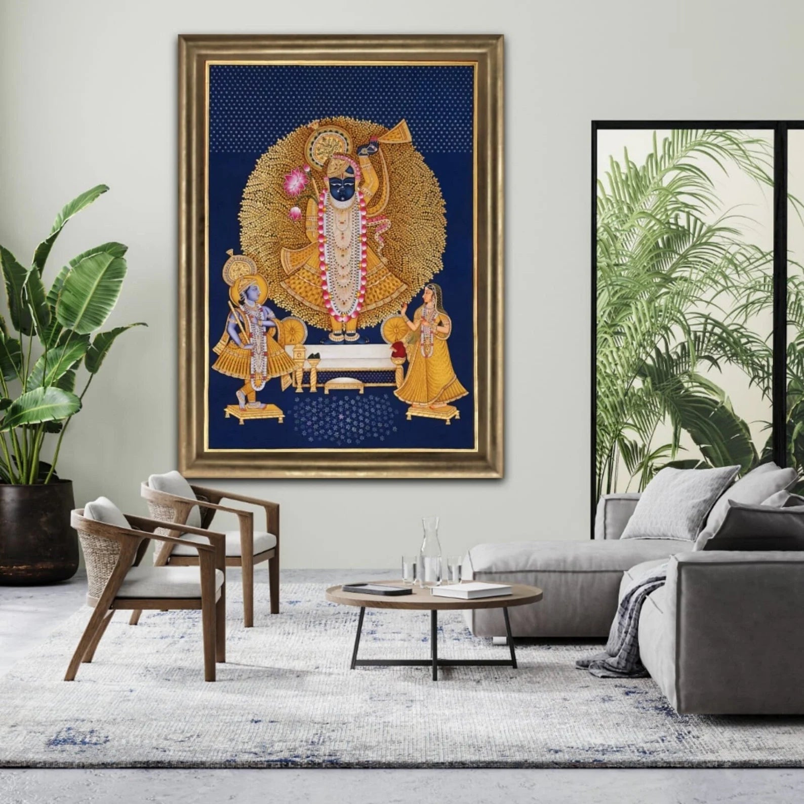 Gold foil and watercolor Pichwai artwork of Shrinathji displayed as devotional wall art