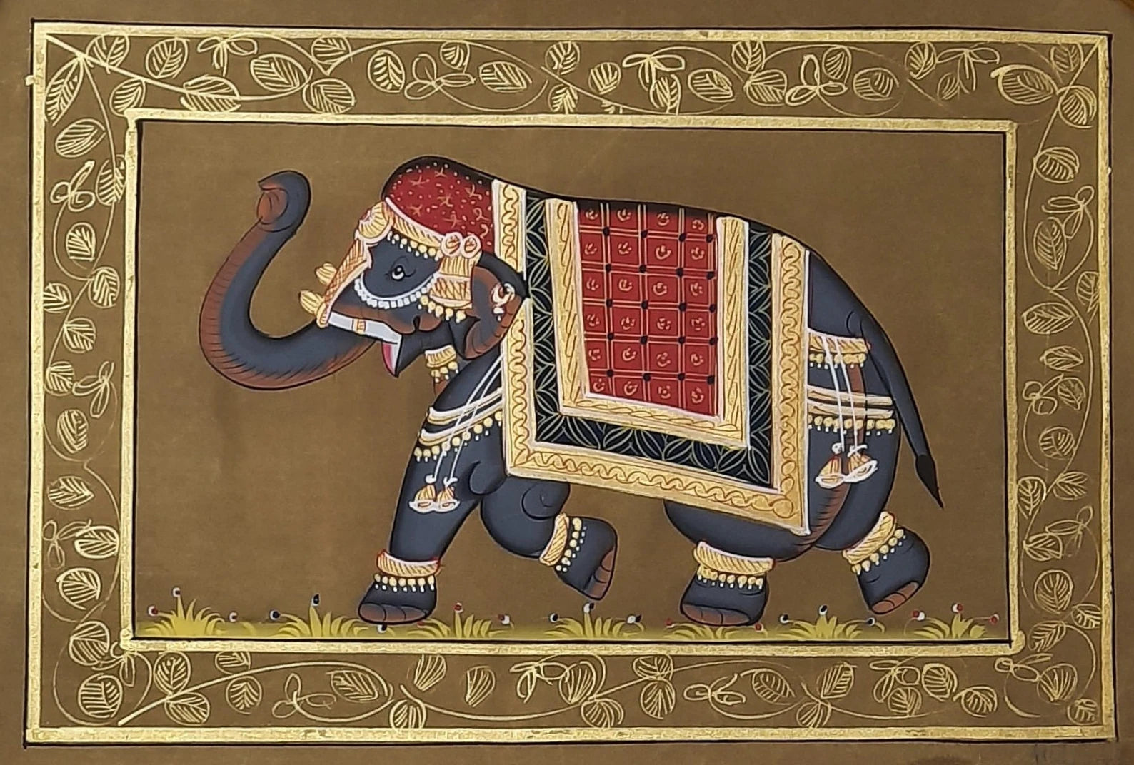 Hand-painted silk miniature artwork depicting an elephant in traditional Indian style