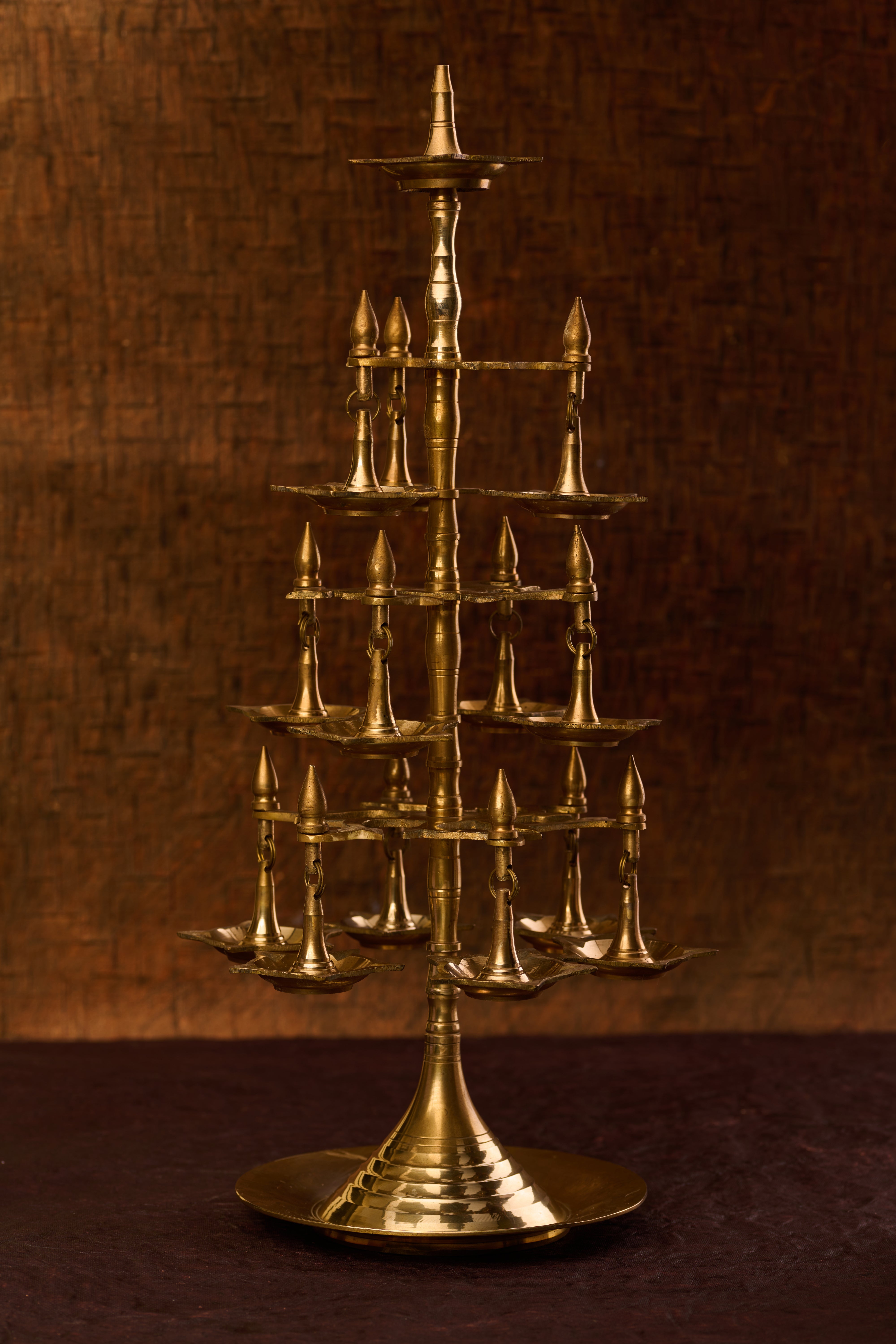 Standing diya chandelier in solid brass (tiered lamp) — a handcrafted Indian brass lamp for puja, home decor, and altar displays