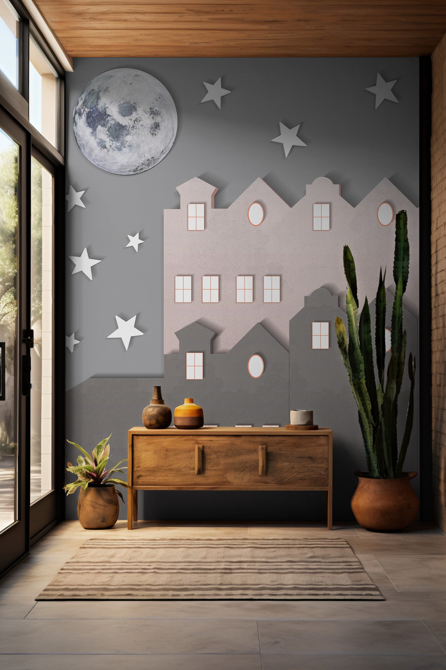 Starry cityscape wall design depicting an urban horizon infused with cosmic light and expansive depth