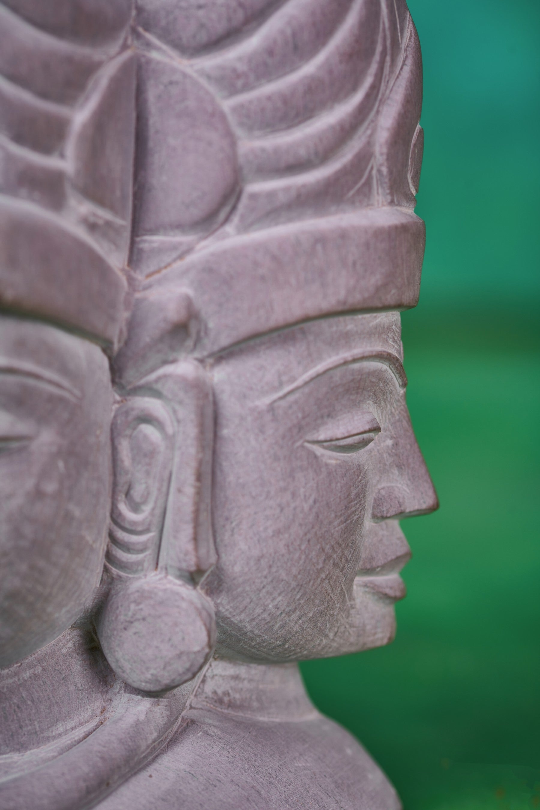 Stone Shiva trinity altar sculpture ideal for prayer rooms, embodying devotion, strength, and spiritual harmony