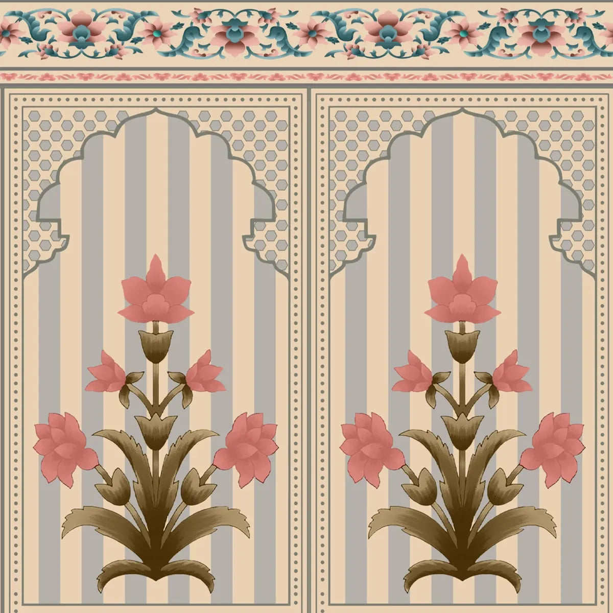 Sublime floral wall design featuring Kusum motifs crafted with lightness and refined decorative charm