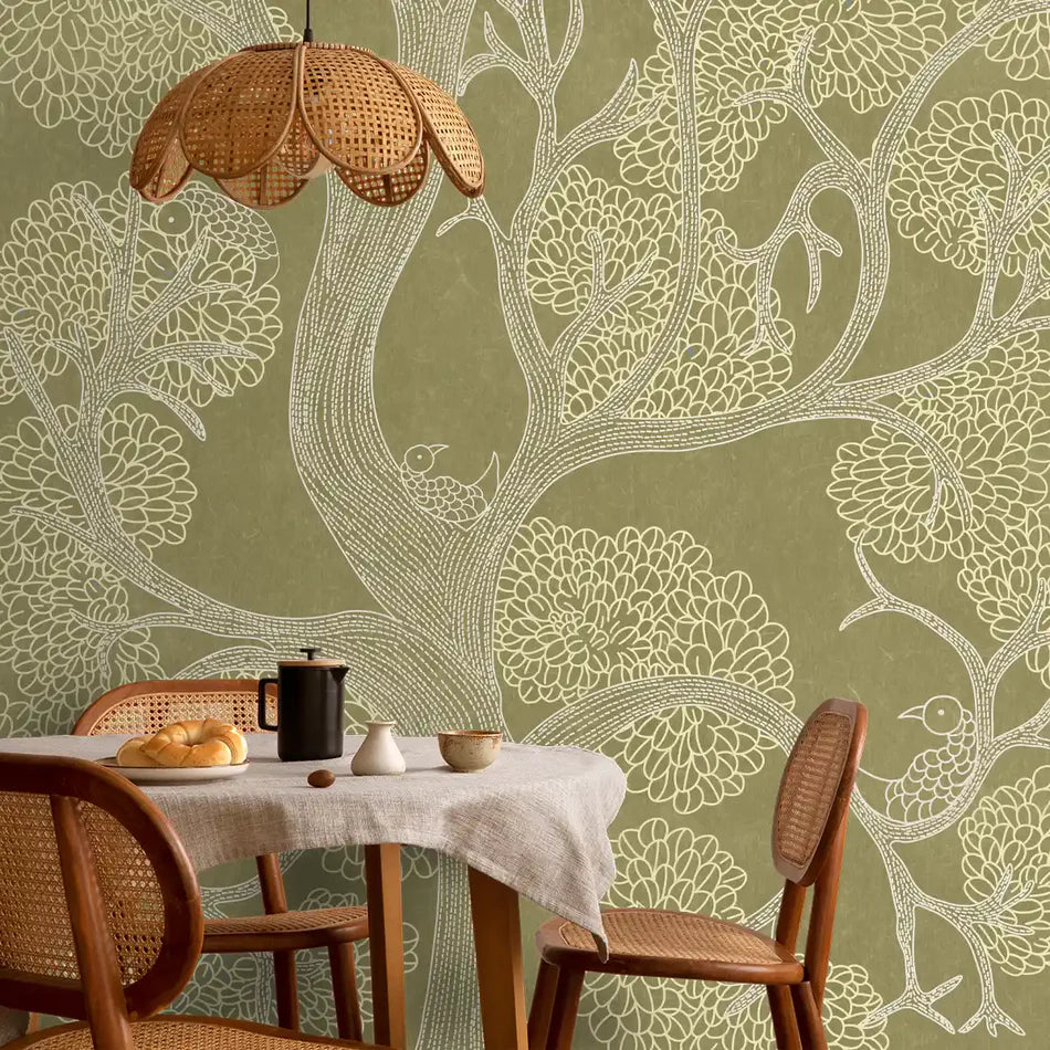 Olive green Madhubani-inspired wallpaper with flowing lines and stylised floral motifs