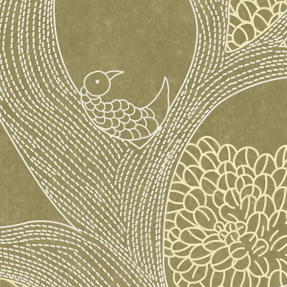 Close-up of Madhubani-inspired wallpaper highlighting fine line art and botanical forms