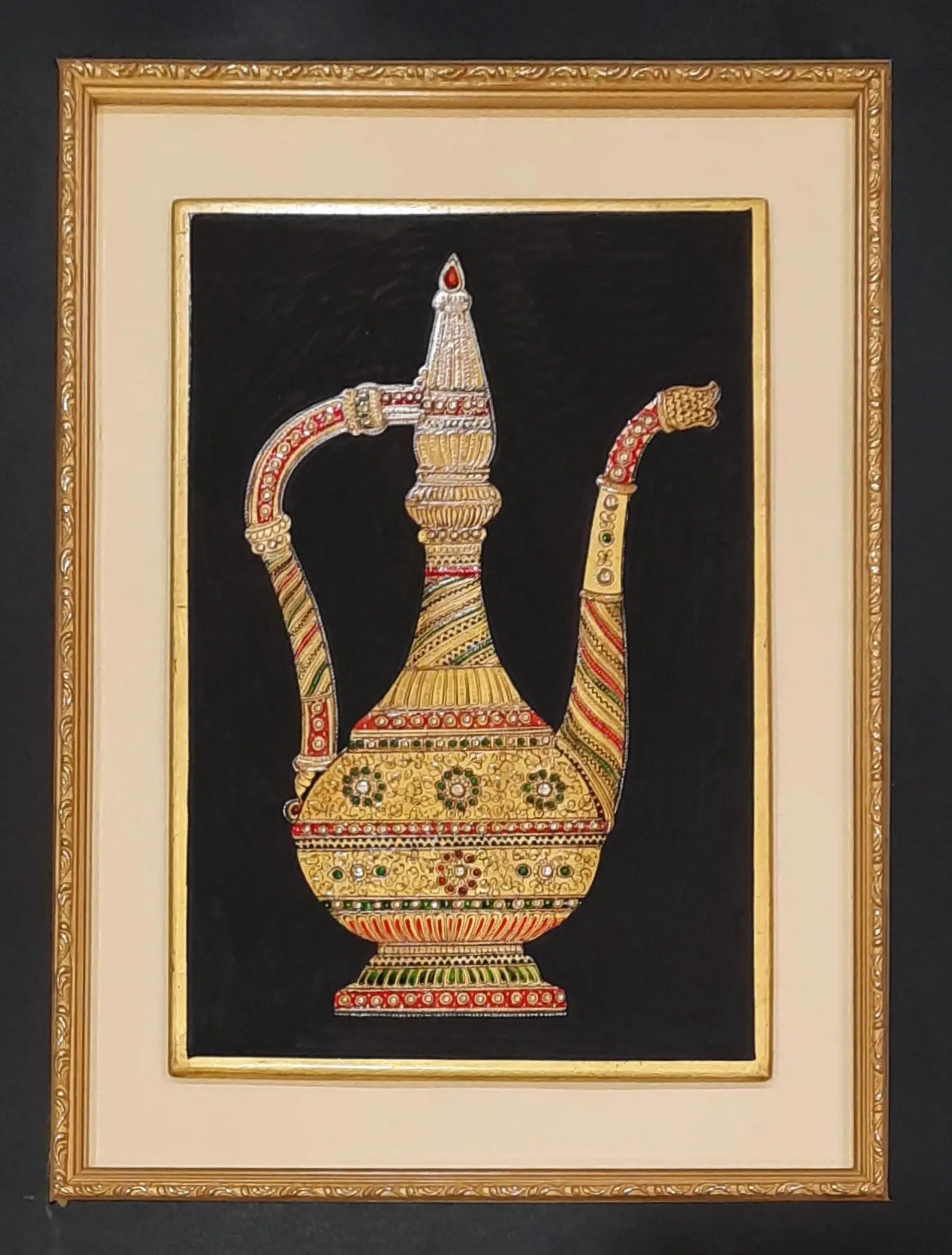 Mughal-style miniature painting of a decorated surai rendered on polished marble