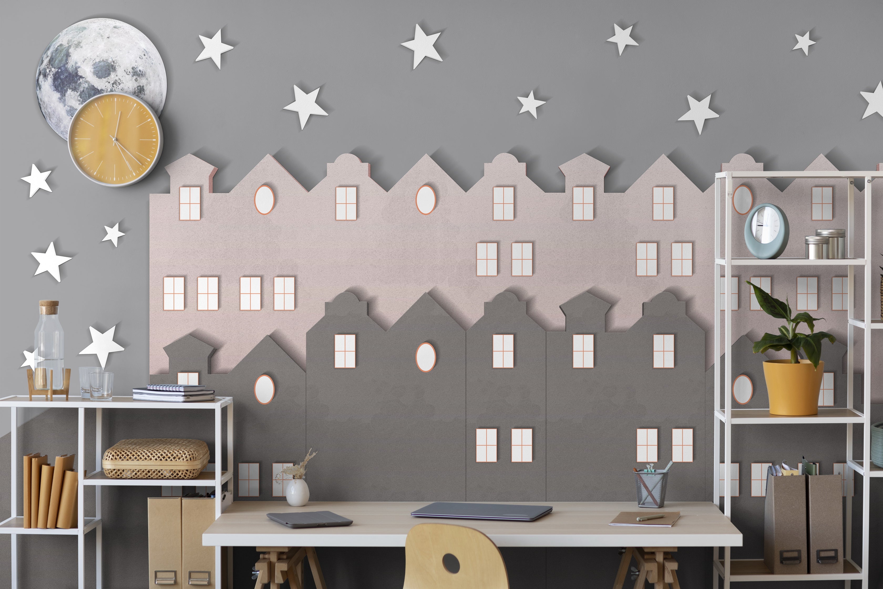 Celestial city themed wall design highlighting Tara Nagari inspired architecture under starry, cosmic skies
