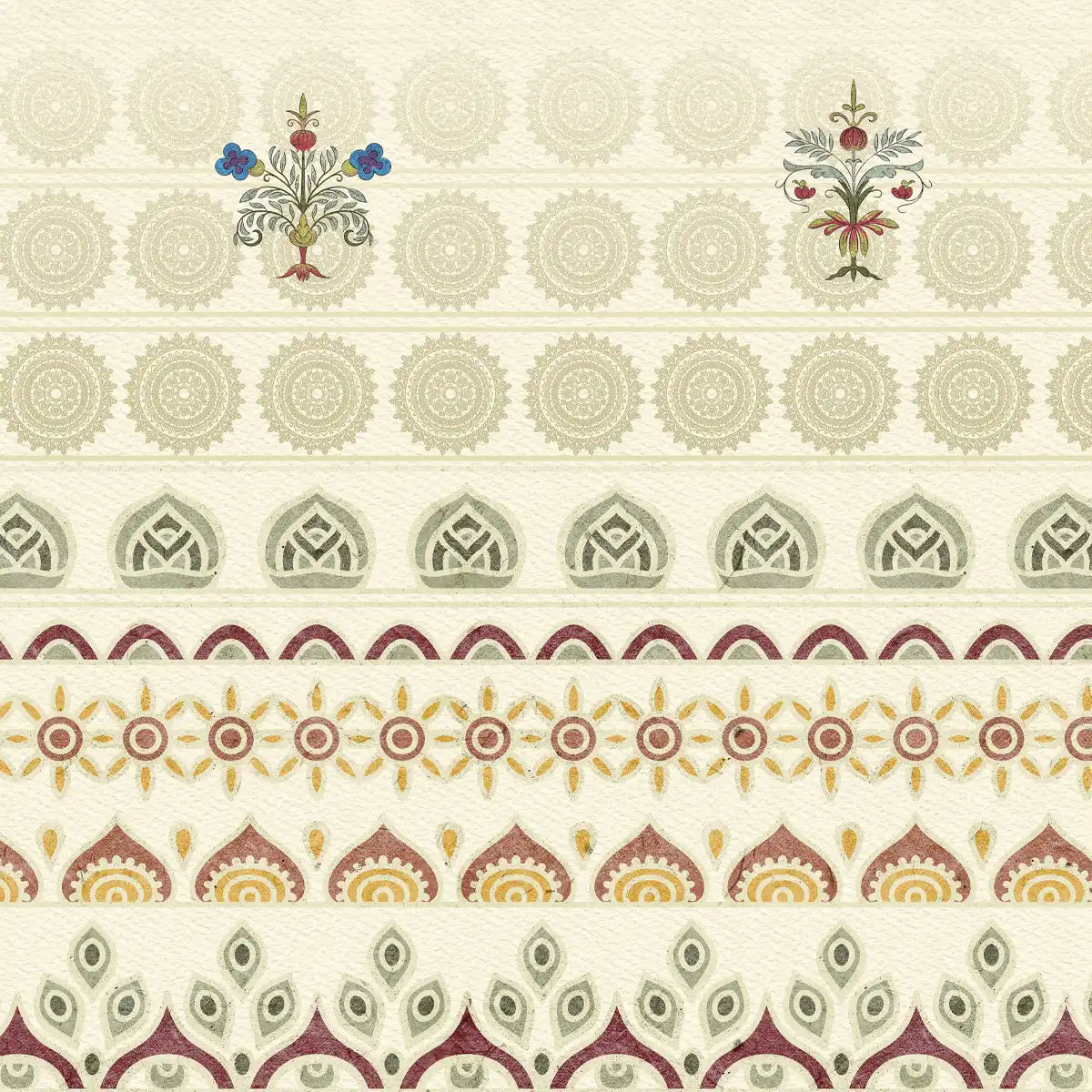 Traditional Indian pattern wallpaper in warm yellow, featuring block-print inspired motifs and ornamental borders rooted in cultural heritage design.