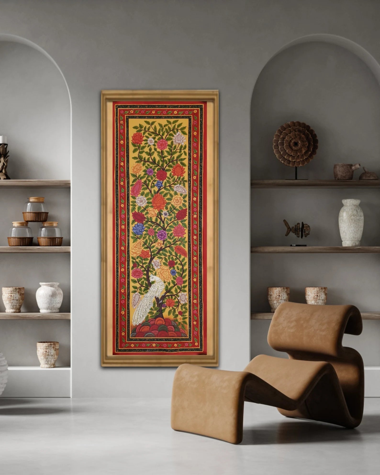 Hand-painted Tree of Life Pichwai artwork displayed as traditional Indian wall art