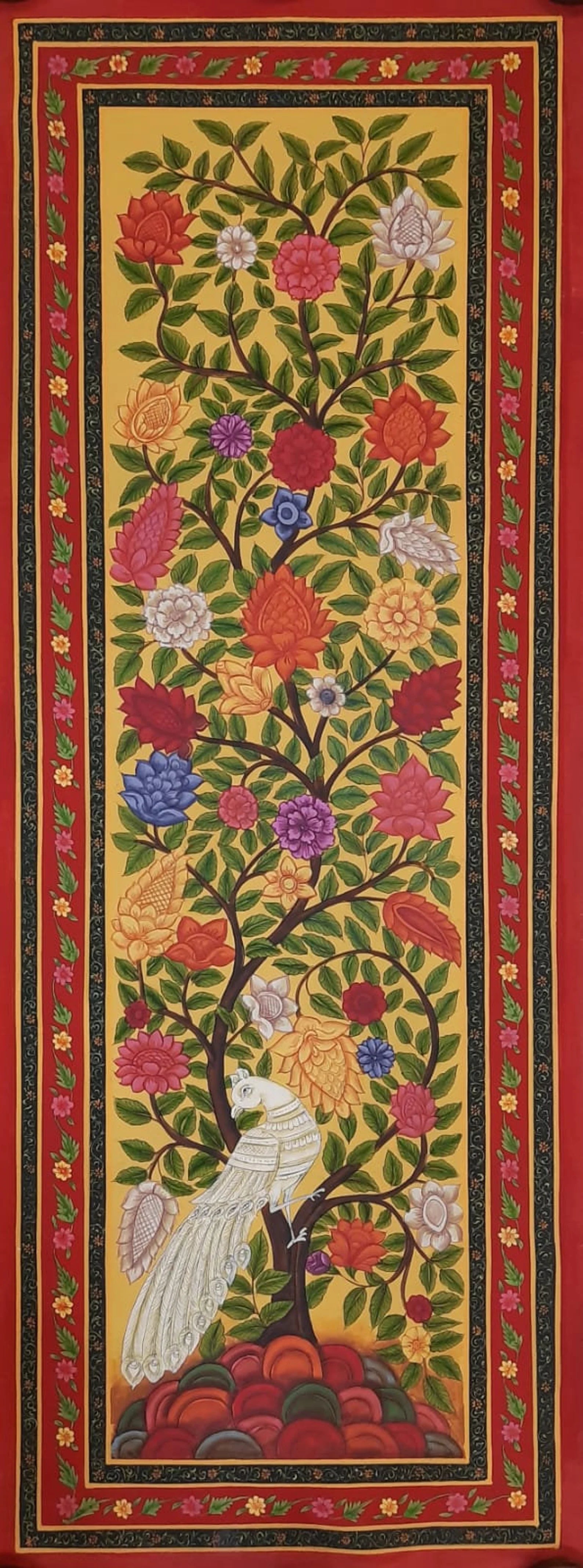 Traditional hand-painted Tree of Life Pichwai painting on cloth with detailed floral motifs