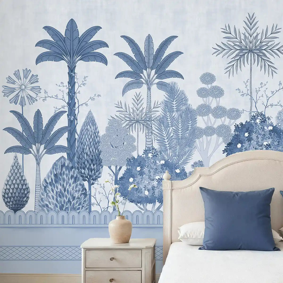 Bedroom with blue botanical wall mural and matching decor - customized garden wallpaper