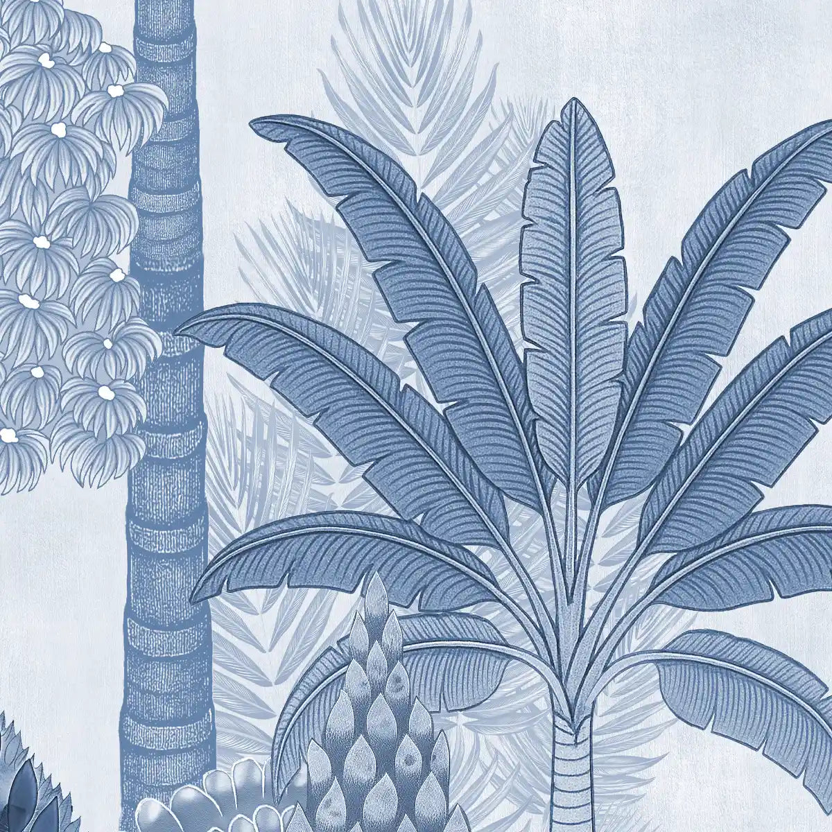 Decorative wallpaper with stylized palm trees and plants in blue on a light blue background