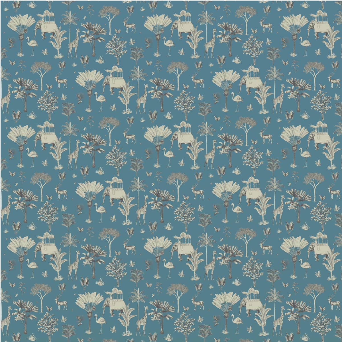 Vintage indigo wallpaper with intricate block print-style florals and vines, drawn from traditional Indian textile and mural traditions.