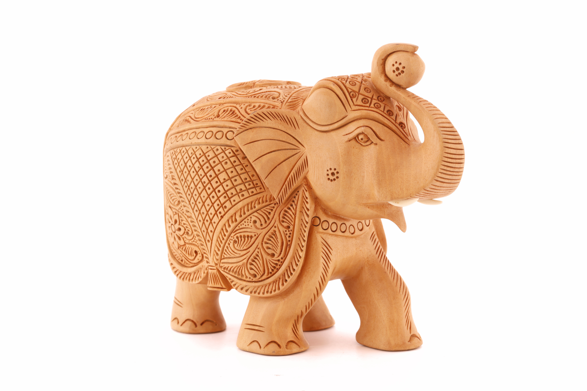 Wooden elephant sculpture with detailed hand carving, designed as a timeless decorative accent for interiors
