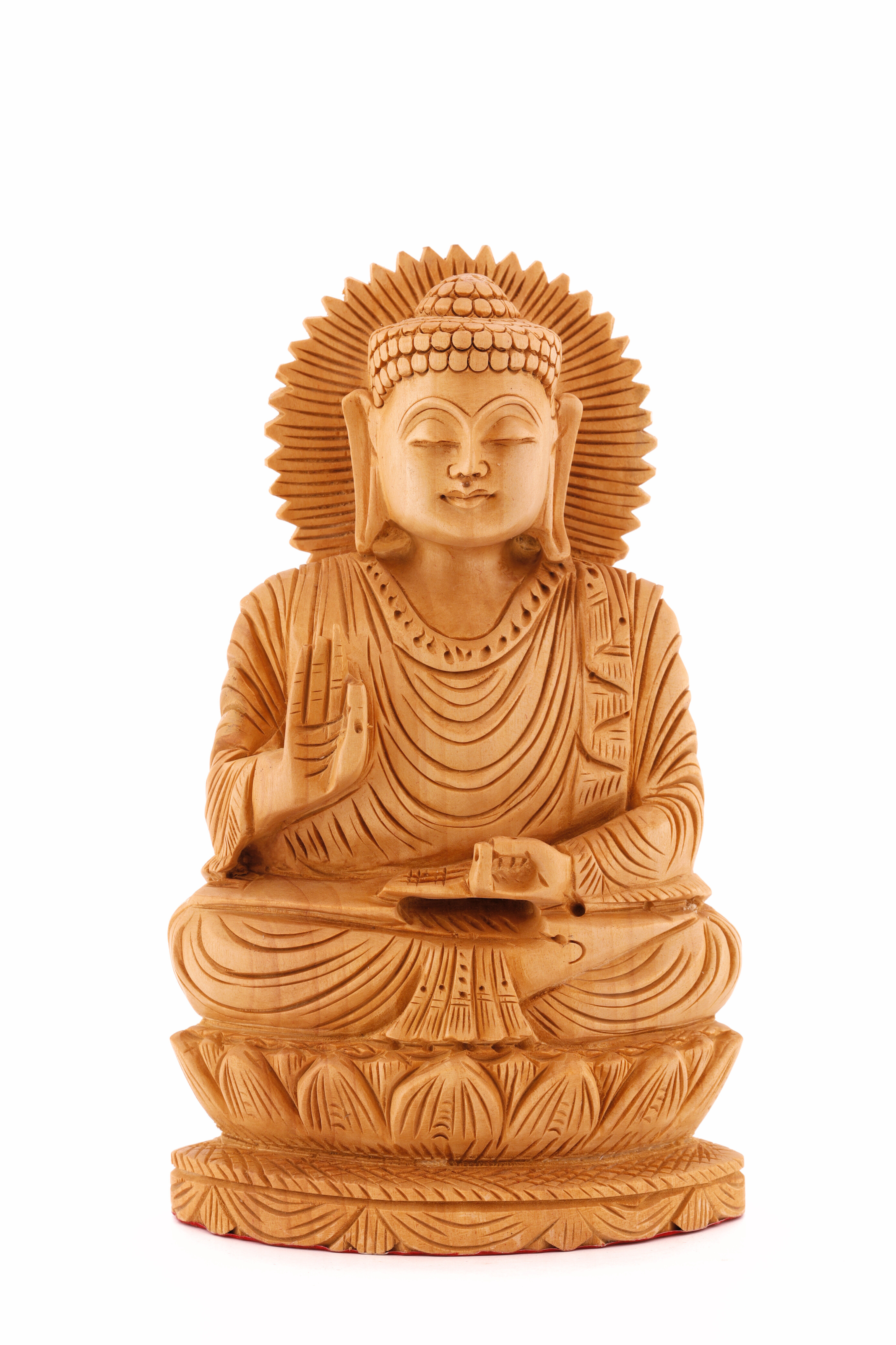 Hand carved wooden meditating Buddha statue in a serene seated pose, designed for meditation spaces and spiritual home décor
