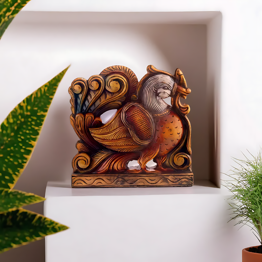 Wooden peacock décor statue crafted with intricate carving, inspired by traditional artistry and natural beauty