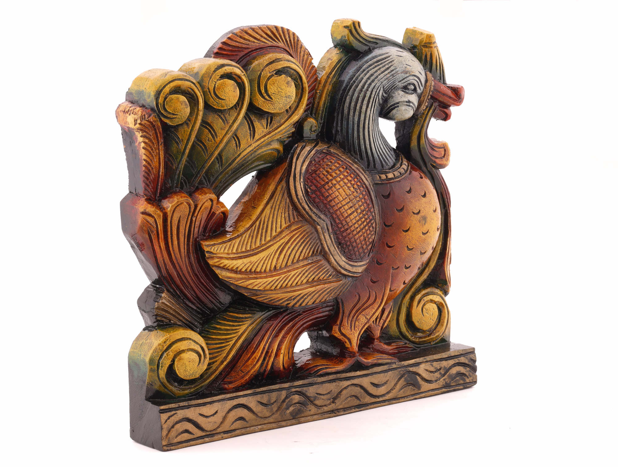 Decorative wooden peacock sculpture designed to bring cultural charm, color, and elegance to living spaces
